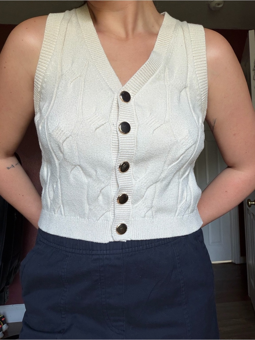 Cream Cable-Knit Button Front Vest Top